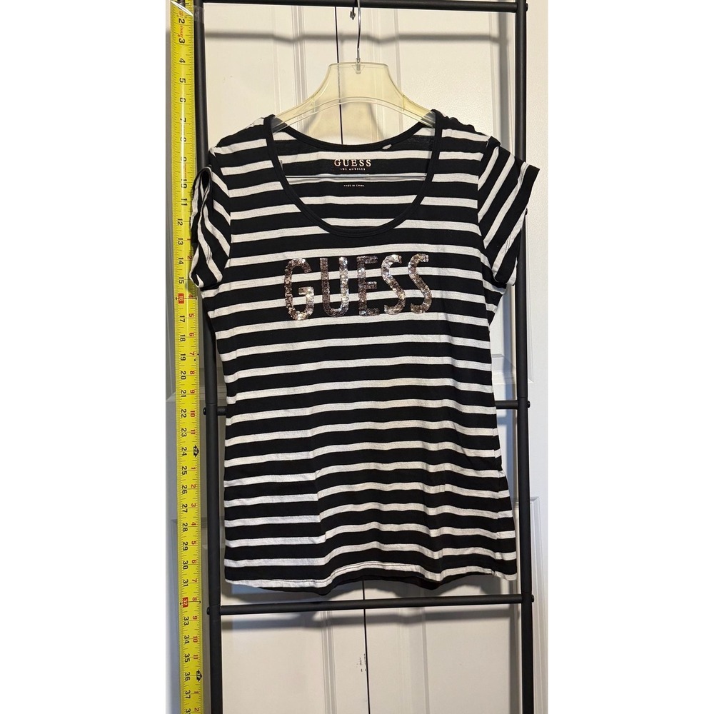Guess Los Angeles Women's Black and White Striped Short Sleeve T-Shirt